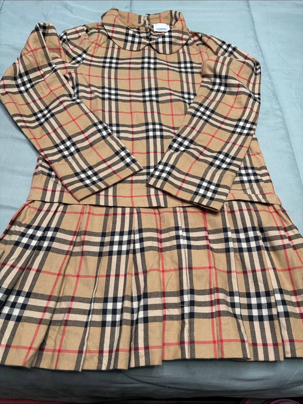 Burberry Beige Black Red Plaid Long-Sleeve Top button down back. Pockets on the